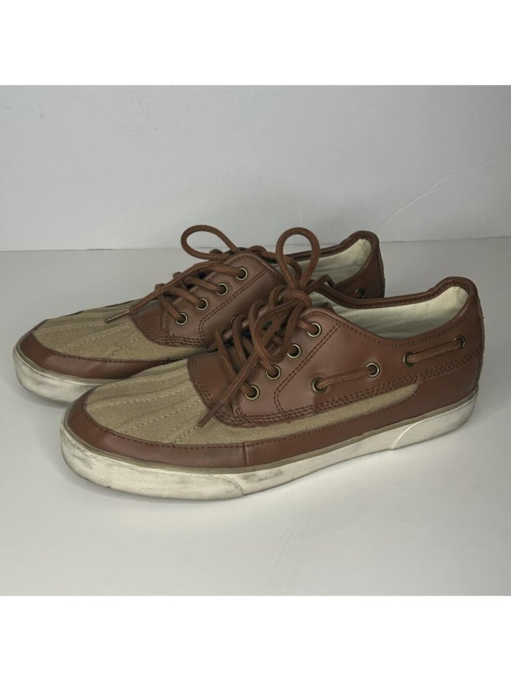 Polo Ralph Lauren Boat Shoes Mens Size 9 Brown Canvas Leather Parkstone Low